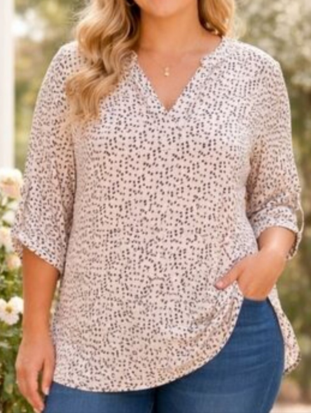Worthington Light Beige Dotted Printed V-Neck Tunic Blouse